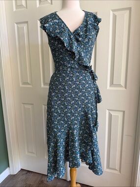 Max Studio Blue Floral Ruffle Wrap Dress